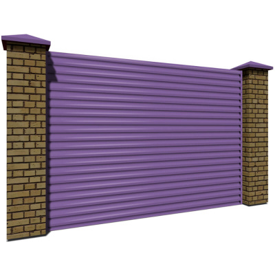 Секция забора жалюзи из ламелей еврожалюзи RAL4005 Сиреневый с кирпичными столбами