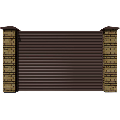 Секция забора жалюзи из ламелей еврожалюзи RAL8017 Коричневый Шоколад коричневая полиэфирная эмаль с кирпичными столбами анфас